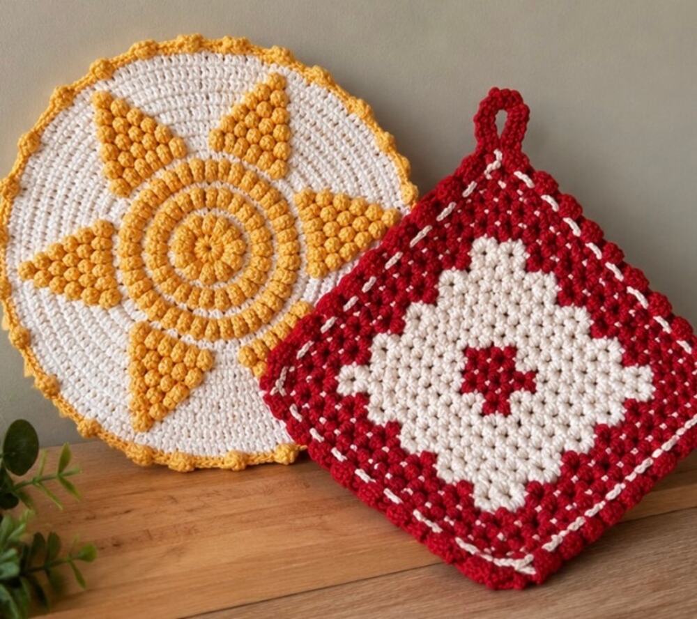 red & yellow pot holder Handmade Crochet Hot Pad & Trivet Set |Kitchen Decor